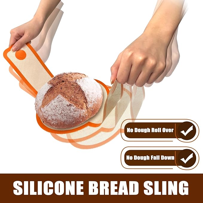 Silicone Bread Sling for Dutch Oven, Non-Stick & Easy to Clean Bread Baking Mat Set, 2 Pcs Reusable Bread Sling with Long Handle to Transfer Sourdough (Orange, Oval and Round)