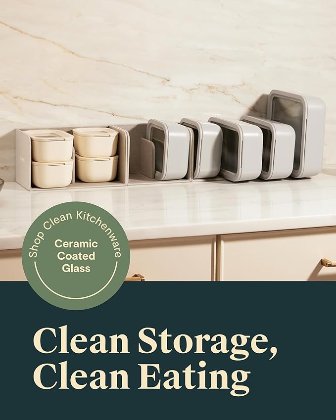 Caraway 22pc Glass Food Storage Set - Storage Containers for Food - Non-Toxic Ceramic-Coated Glass - Air Release Technology - Compact & Stackable Design - Cream