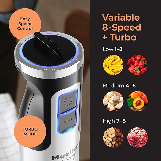 Mueller Immersion Blender Handheld - 8 Speed Stainless Steel Electric Hand Blender, Emulsion Blender Stick Kitchen Gadget with Turbo Mode