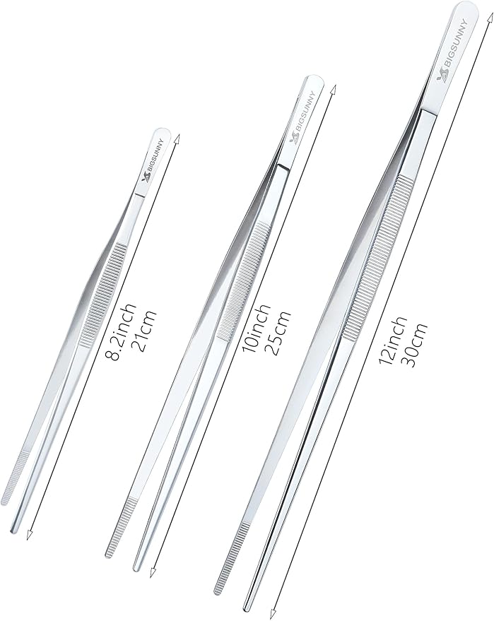 Set of 3 Kitchen Tweezers Fine Tweezer Tongs, MSY BIGSUNNY Stainless Steel Food Tweezers, Precision Serrated Tips Food Tongs (8.5" 10" and 12")