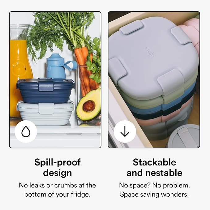 STOJO Collapsible Sandwich Box – 24oz, Reusable Food Storage Container, Silicone Bowl for Hot/Cold Food – Meal Prep, Lunch, Camping, Hiking – Dishwasher Safe (Set of 5, Carnation)