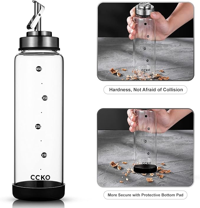 Glass Olive Oil Dispenser Bottle with Stainless Steel Spouts - Shatterproof 350ml Cooking Oil & Vinegar Cruet Bottle - Carafe for Kitchen