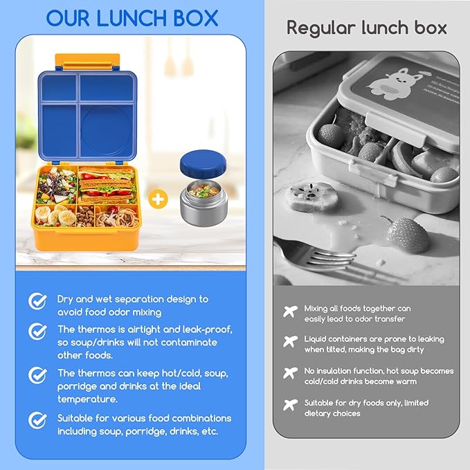 Bento Box for Kids - Leak-Proof Bento Lunch Box with Insulated Thermos Food Jar - 4 Compartments, 1 Removable Divider, 1Spoon, 1 Fork - Dishwasher Safe, BPA-Free (Blue)