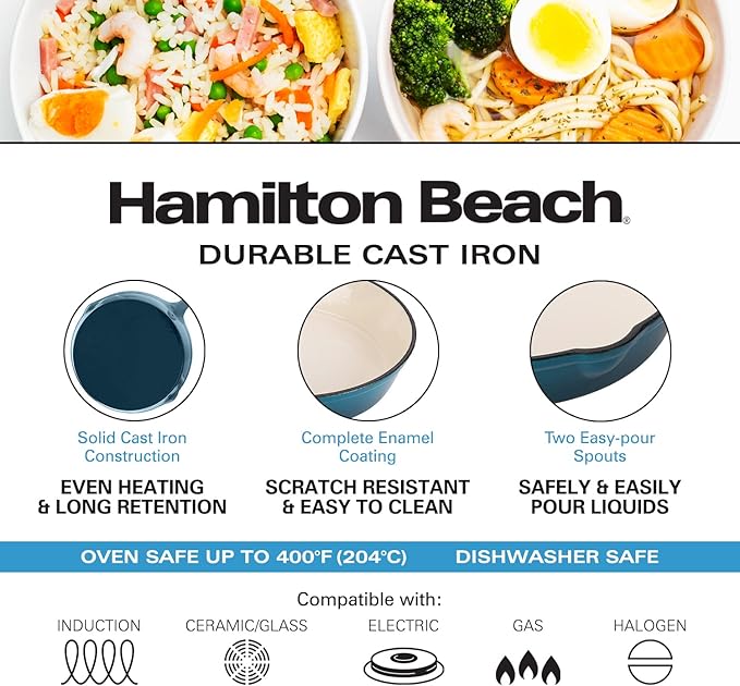 Hamilton Beach Enameled Cast Iron Fry Pan 8-Inch Navy, Cream Enamel Coating, Skillet Pan for Stove Top and Oven