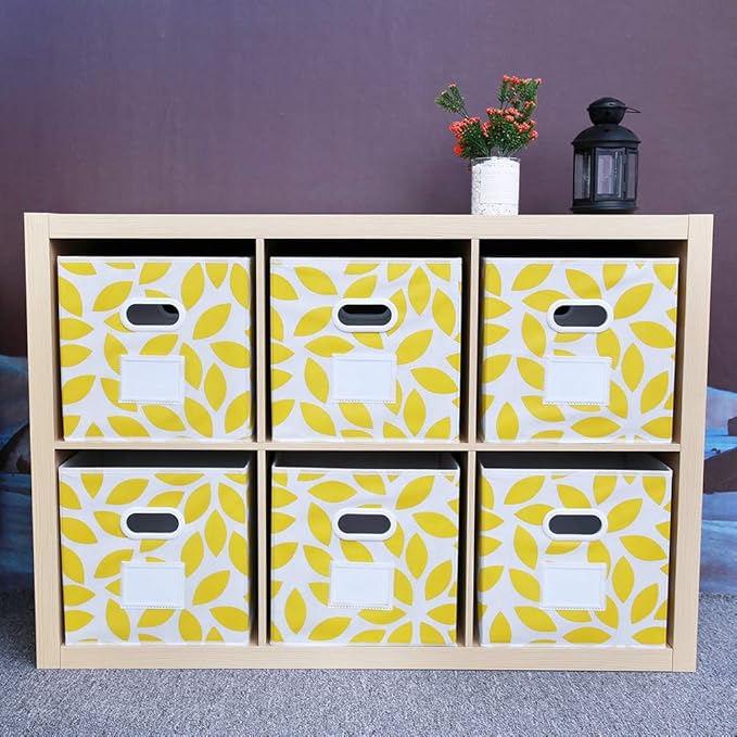 MAX Houser Fabric Storage Bins Cubes Baskets Containers with Dual Plastic Handles for Home Closet Bedroom Drawers Organizers, Flodable, Set of 6 (Yellow)