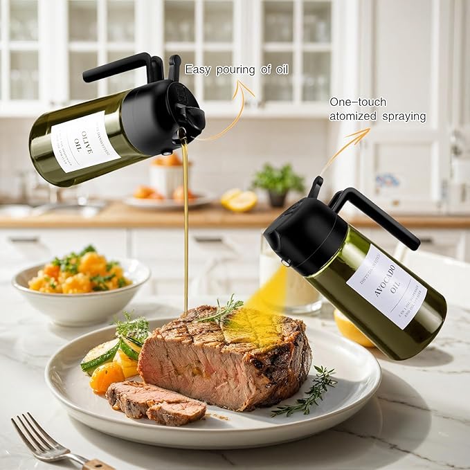 DWTS DANWEITESI Oil Sprayer for Cooking 2pcs,2 in 1 Oil Dispenser and Oil Sprayer Kitchen Gadgets,16oz Dark Green Glass Oil Spray Bottle(Light Blockage),Perfect Kitchen Accessories