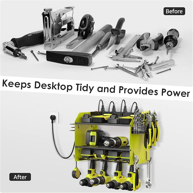 CCCEI Modular Power Tool Organizer Wall Mount with Charging Station. Garage Drill Storage Shelf with Hooks, Heavy Duty Rack, Tool Battery Holder Built in 8 Outlet. Gift for Men. Green, 1 Pack.