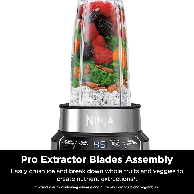 Ninja | Blender | Nutri Pro | Single Serve | For Smoothies, Salsa, Shakes and Frozen Drinks | Includes 2 Smoothie Cups & Lids | Crushes Ice, Fruit & Veggies |Silver | BN401