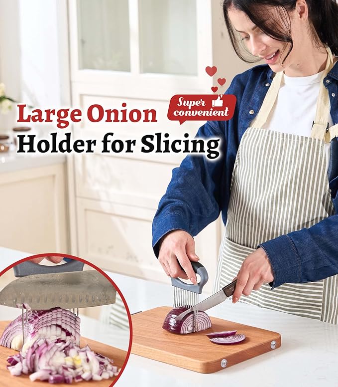Onion Holder for Slicing Large Stainless Steel Vegetable Chopper - Multi-Purpose Onion Slicer, Tomato Slicer, Food Cutter Assistant Tool for Potato, Avocados, Eggs, Lemon, Fruit & Meat Tenderizer