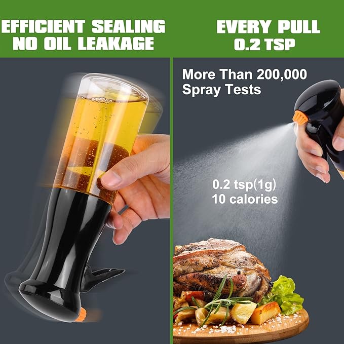 Oil Sprayer for Cooking, Upgraded Olive Sprayer Bottle, Air Fryer Accessories, Mister Vinegar Spritzer, Kitchen Gadgets for Salad, BBQ, Roasting (7oz/200ml, Black)