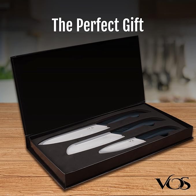 Vos Ceramic Knife Set in Elegant Gift Box, Ceramic Knives Set For Kitchen, Ultra Sharp Kitchen Knife Set with Covers, 4" 5" 6" Paring, Santoku & Chef Knife, Lightweight, Dishwasher safe (Black Handle)