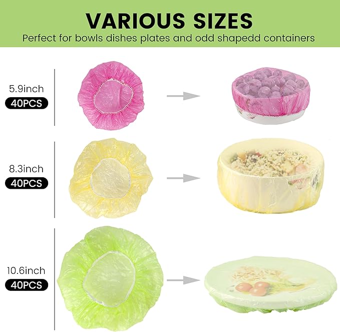 HANSGO 120PCS Bowl Covers Reusable, Elastic Plastic Wrap for Food Storage, Fresh Keeping Stretch Bags for Bread, Alternative to foil for Family, Outdoor Picnic, Sourdough Baking (3 Sizes)