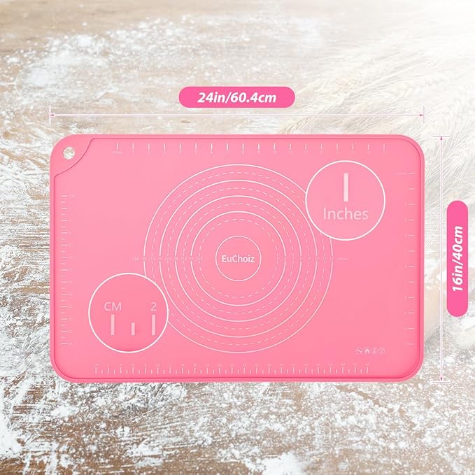 Silicone Pastry Mat 24"*16" Extra Thick Non Stick Baking Mat Food Grade Silicone Dough Rolling Bake Mat with Edge Heightening Pink