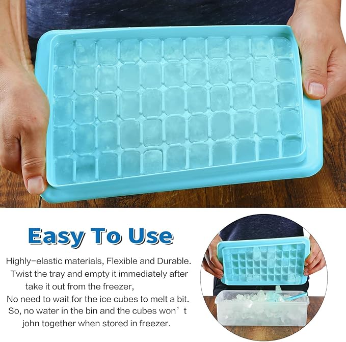 Ice Cube Trays 2 Pack with Lids and Bin for Freezer, Easy Release 55 Mini Nugget Ice Trays, Stackable Small Ice Cube Mold, Ice Maker Tray & Storage Box, Durable Plastic, BPA Free, Blue, ARTLEO