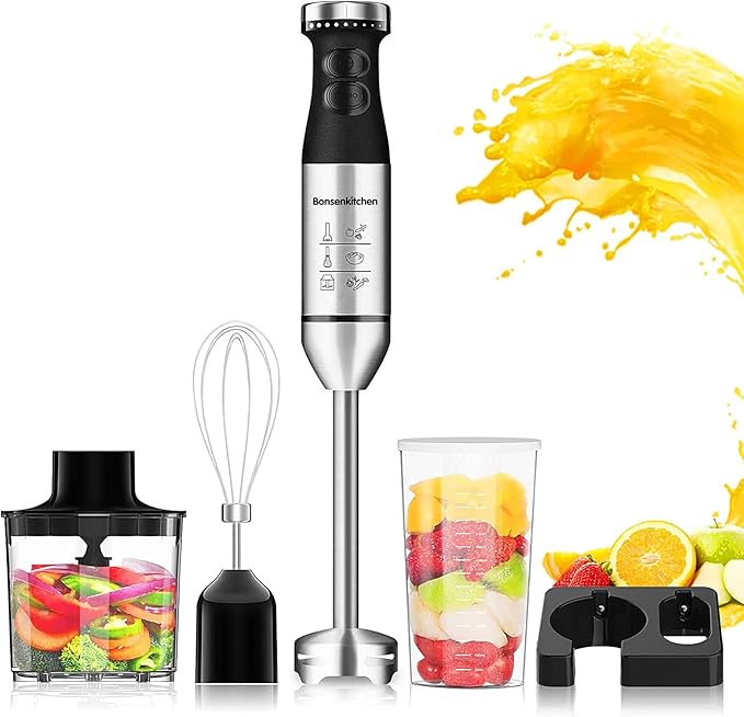 Hand Blender 4-in-1, Bonsenkitchen Stainless Steel 20-Speed Immersion Blender with Food Grinder Bowl, Measuring Mug, Egg Whisk for Smoothies, Baby Food, Sauces, Soups, Puree