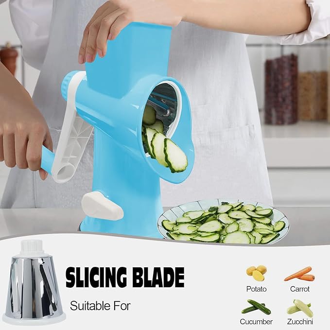 Cheese Grater MultiFunction Rotary Cheese Grater Hand Crank – Cheese Shredder Effortlessly Shred,Slice,Chop.Applicable to Cheese, Vegetables,Fruits,Nuts,Non-Slip Suction Base,Easy to Clean (blue)