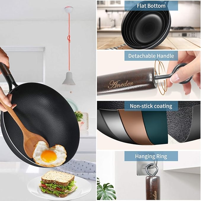 Carbon Steel Wok Pan with Lid & Wood Spatula, 12.5" Cast Iron Stir Fry Pan with Flat Bottom and Wooden Handle for Electric, Induction and Gas Stoves