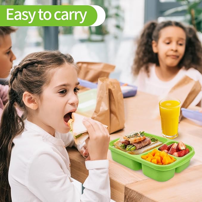 4 Pack Bento Lunch Box Set 3 Compartment Wheat Straw Meal Prep Food Storage Containers Plastic, Microwave and Dishwasher Safe（Jewel Brights）