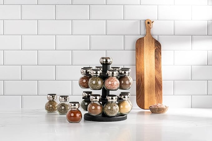 Olde Thompson Since 1944 Orbit Rotating Rack, 16 Refillable Spice Jars, Labeled Shaker Tops, 45, Black, Clear
