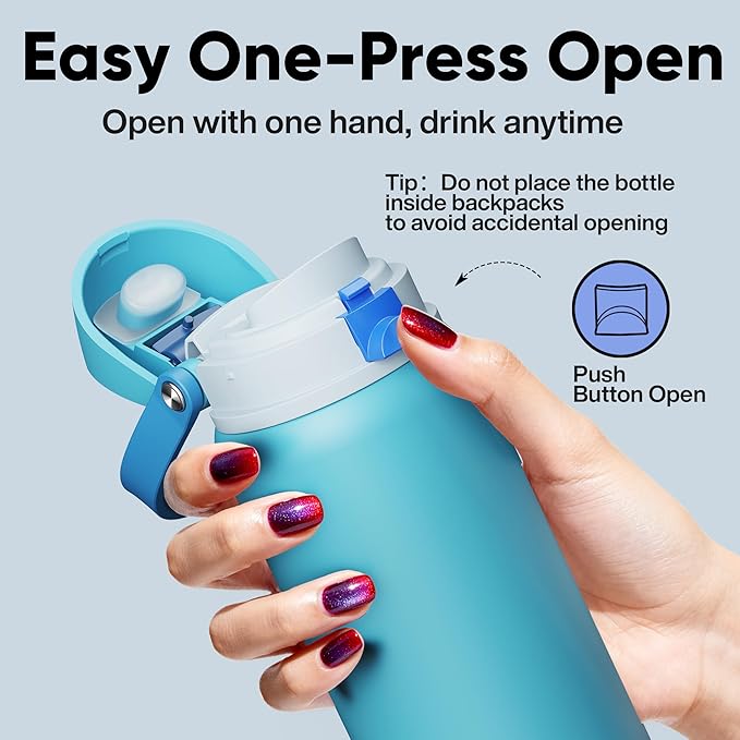 Insulated Water Bottle with Straw - Encool Stainless Steel Water Bottle with Push Button Lid, Leak-Proof & BPA-Free, Keeps Cold for 24 Hours for Sports, Travel, Gym (32 oz, Silk Blue)