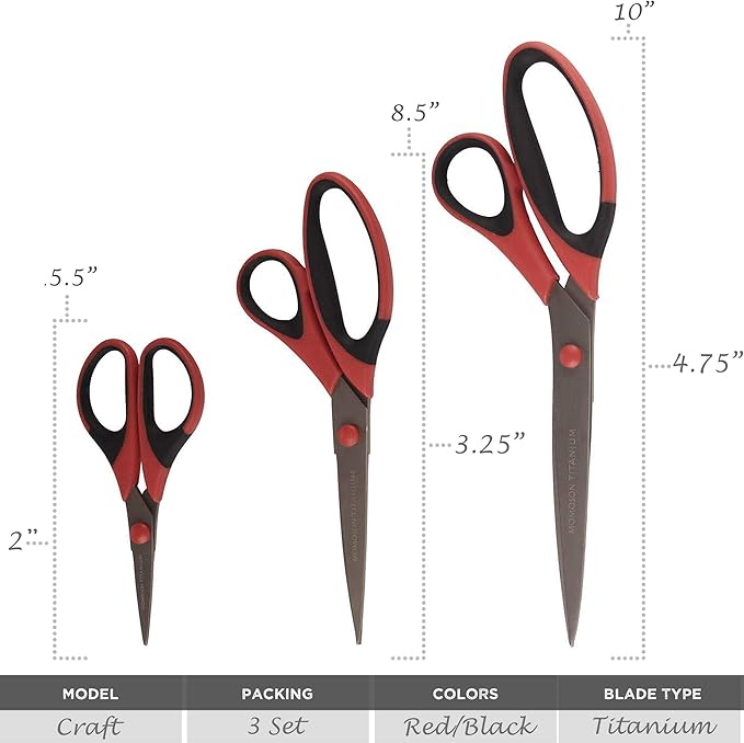 BambooMN Titanium Softgrip Scissors Set for Sewing, Arts, Crafts, Office - 30 Sets of 3 - Red w/Black Inlays