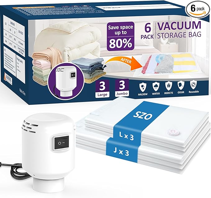 SZO 6 Pack Vacuum Storage Bags With Electric Air Pump,Vacuum Seal Bags For Clothing Travel, Space Saver Bags For Luggage, Blankets,Bedding,Moving bags