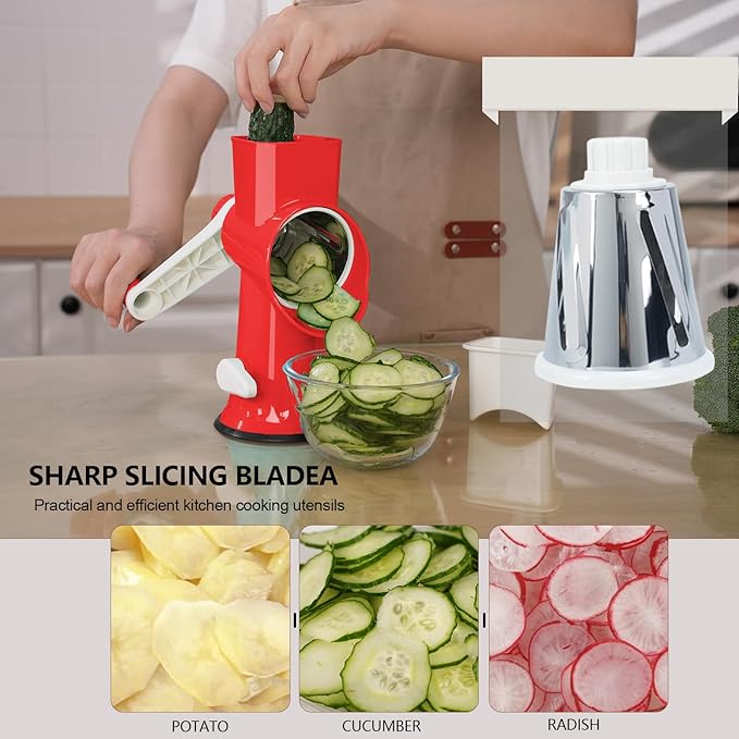 Rotary Cheese Grater with Handle-Versatile Cheese Grater Non-Slip Suction Base,Cheese Shredder & Food Slicer for Cheese,Carrots, Cucumbers,Nuts-Compact & Easy Clean Kitchen Kitchen Tool (red)