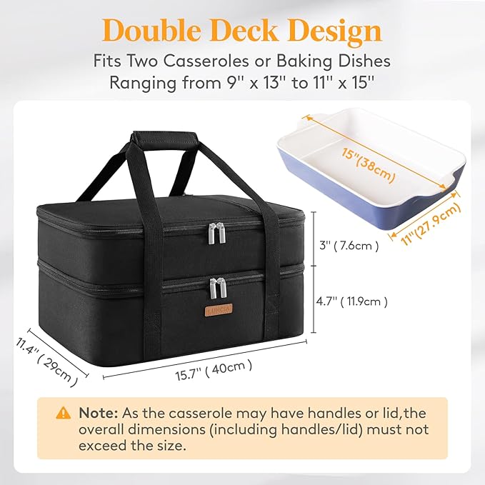 LUNCIA Double Decker Insulated Casserole Carrier for Hot or Cold Food, Lasagna Holder Tote for Potluck Parties/Picnic/Cookouts, Fits 9"x13" Baking Dish, Black