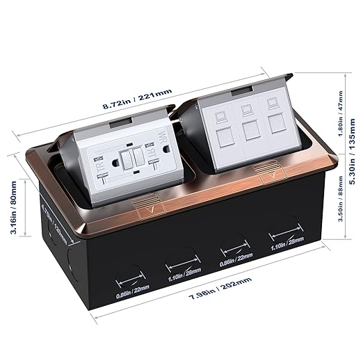 KYHSHJ Dual Pop-Up Floor Electrical Outlet Box Kit，20 Amp Stainless Steel GFCI TR Receptacle Outlet，3-Port RJ45 Datacom Receptacle， Bronze
