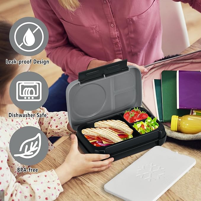 Bento Box for Kids,Kids Bento Lunch Box with Built-in Ice Pack for School,3 Compartments Leak Proof Lunch Container with Utensils for Girl Boy;BPA Free,Microwave & Dishwasher Safe, 44oz(Black)
