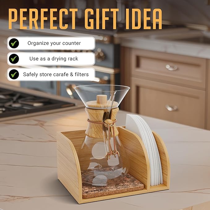 HEXNUB – Caddy and Lid for Pour Over Coffee Maker, Bamboo Stand fits Chemex, Bodum, Cosori Coffee Carafes, Heatproof Mat, Filter Holder for Drip Coffee Maker - Cork Mat