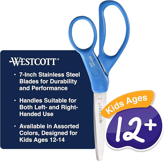 Westcott Left- & Right-Handed Pointed Student Scissors for Kids Ages 12-14, Durable Stainless Steel Blades, Back to School, Classroom Scissors, School Supplies, 7-Inch, Assorted Colors
