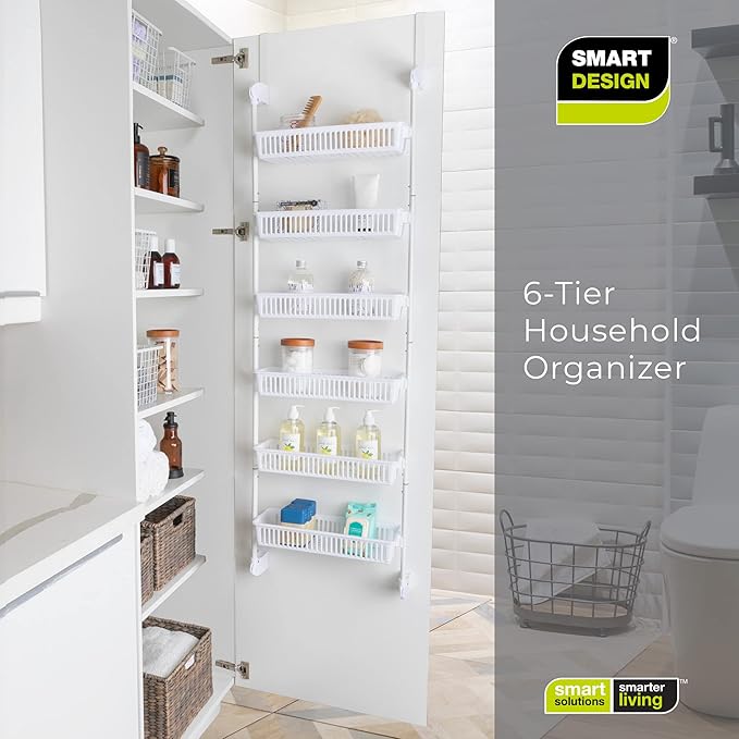 Smart Design Over-The-Door Organizer for Storage – Perfect for Pantry Organization, Bedroom, Bathroom Storage, Playroom, or Kitchen - Adjustable Steel Frame with 6 Baskets & Wall Mount – White