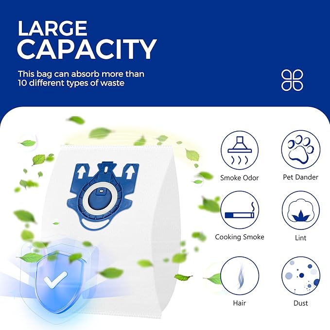 Vacuum Cleaner Bags Fit for Miele Classic C1 Complete C1 C2 C3 S227 S240 S270 S400 S2 S5 S8 Series, Include 9 Packs 3D Efficiency Airclean Bags with 3 Motor Protection Filters and 3 AirClean Filters