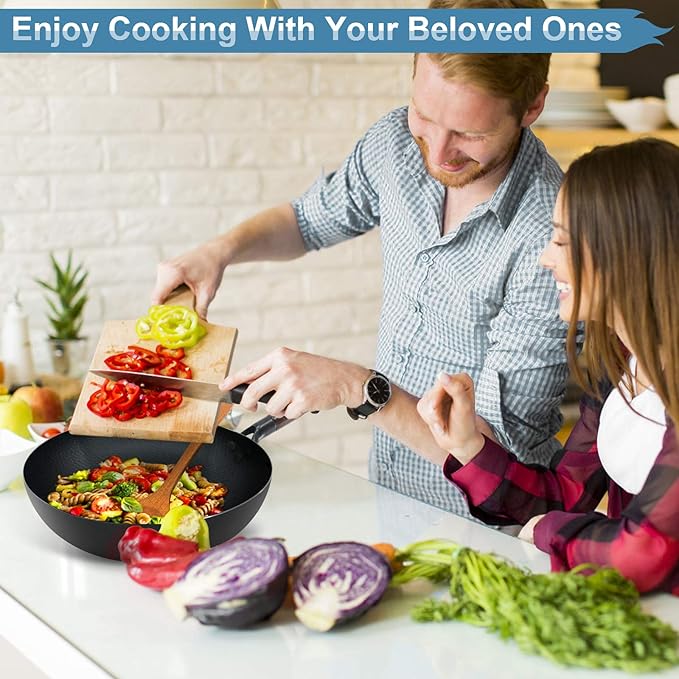 Carbon Steel Wok Pan with Lid & Wood Spatula, 12.5" Cast Iron Stir Fry Pan with Flat Bottom and Wooden Handle for Electric, Induction and Gas Stoves