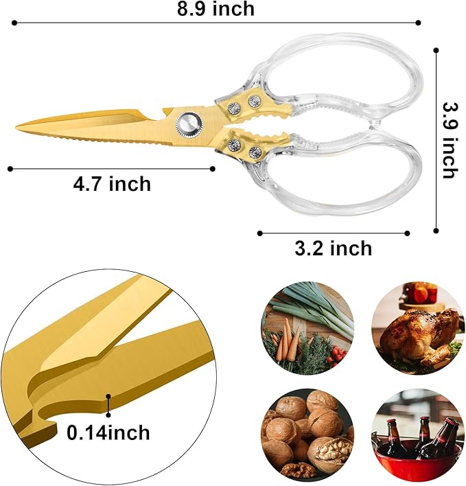 CGBE Kitchen Scissors, Multi-Purpose Kitchen Shears, Heavy Duty Dishwasher Safe Food Scissors for Chicken, Poultry, Fish, Meat & Herbs with Non-Slip Grips - Transparent Gold