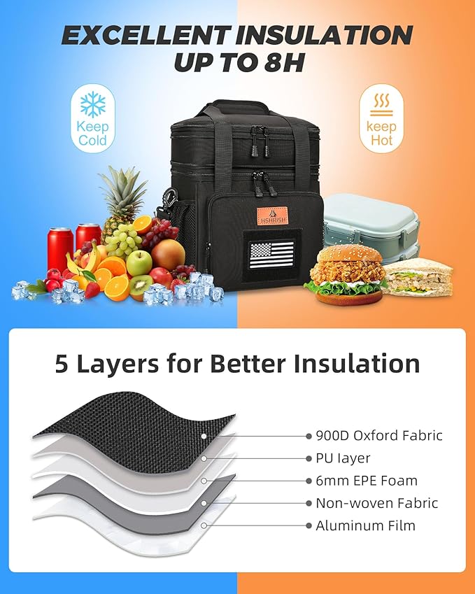 HSHRISH Expandable Lunch Box, Double Deck Large Insulated Lunch Bag for Men, Durable Leakproof Cooler Bag for Men Work Shift Outdoor Trips, 20 Can/15 L, Black