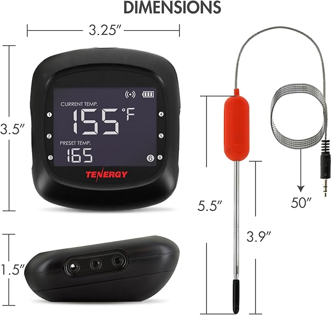 Tenergy Solis Digital Meat Thermometer, APP Controlled Wireless Bluetooth Smart BBQ Thermometer w/ 2 Stainless Steel Probes, Large LCD Display, & Carrying Case, Cooking Thermometer for Grill & Smoker