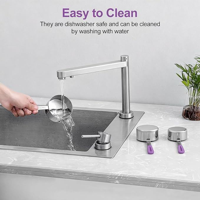 Measuring Cups and Spoons Set Stainless Steel 10 Piece for Cooking and Baking (5 Cups + 5 Spoons, Purple Handle)