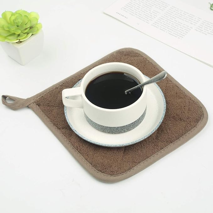 100% Cotton Kitchen Everyday Basic Terry Pot Holder Heat Resistant Coaster Potholder for Cooking and Baking Set of 5 Brown