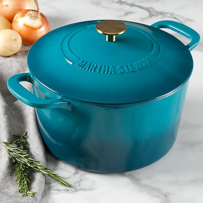 Martha Stewart Gatwick 7-Quart Enamel Cast Iron Dutch Oven – Emerald Ombre with Gold Knob – Durable Heavy-Duty Dutch Oven for Slow Cooking, Braising & Baking