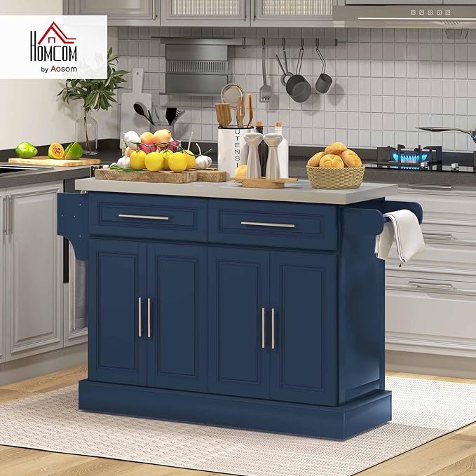 HOMCOM Rolling Kitchen Island Cart with Wheels, Portable Island Table for Kitchen with Stainless Steel Top, Adjustable Shelves, 2 Drawers, Spice, Knife and Towel Rack, Navy Blue