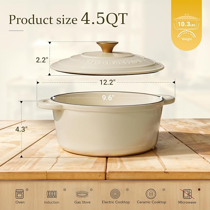 Overmont Enameled Cast Iron Dutch Oven - 4.5QT Pot with Lid Cookbook & Cotton Potholders - Heavy-Duty Cookware for Braising, Stews, Roasting, Bread Baking Cream White