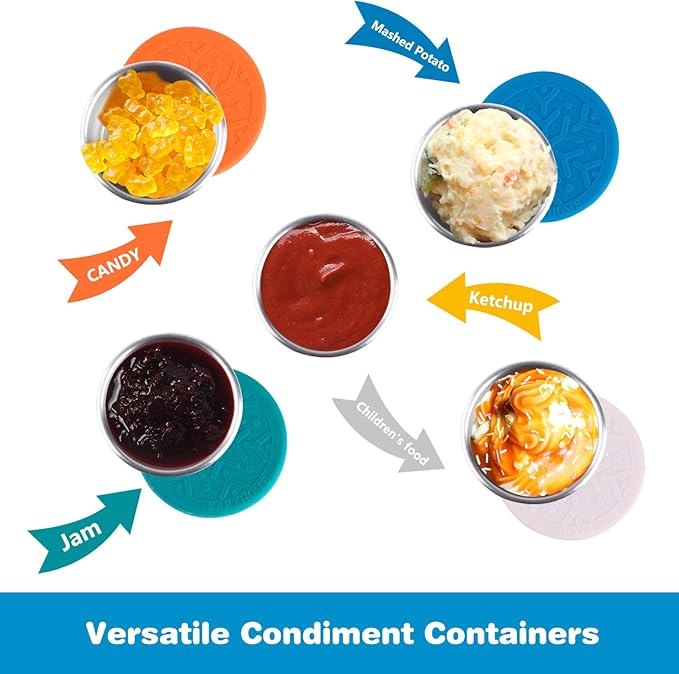 LALASTAR Salad Dressing Container To Go, 4x1.6oz Stainless Steel Condiment Containers with Lids, Premium Silicone, Leakproof and Reusable Small Containers with Lids
