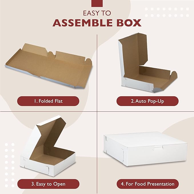 [250 Pack] Pastry Boxes - 9 x 9 x 3 Inch White Bakery Box for Cookies, Compostable Kraft Paper Cardboard for Baked Goods Packaging, Cake, Food, Donut, Cupcake, Candy, Bread, Bridesmaid Gift Box