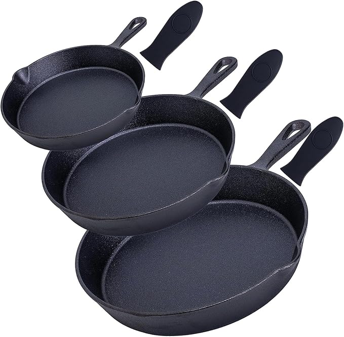 Bruntmor 6, 7.5, 10 Inches Black Pre-Seasoned Cast Iron Frying Pan Set of 3, Oven Safe Cast Iron Skillet, Cast Iron Grill Pan Set, Nonstick Cookware and Bakeware for Casserole Dish