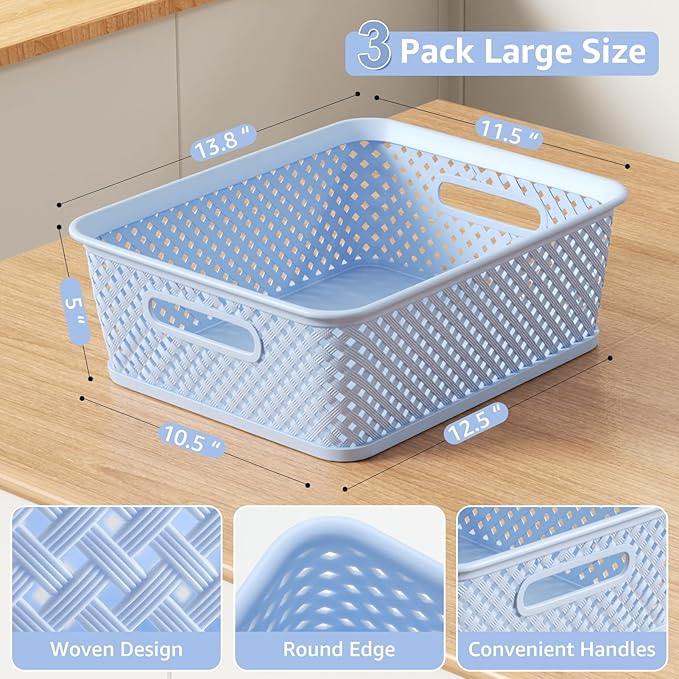 MaxGear Organization and Storage 3 Packs, Plastic Bins Organizer Bins, Woven Baskets for Storage, Plastic Baskets with Handles, Blue Basket for Organizing, Basket Organizer for Home and Office, Large
