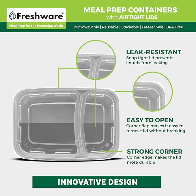 Freshware Meal Prep Containers [25 Pack] 2 Compartment with Lids, Food Storage Containers, Bento Box, BPA Free, Stackable, Microwave/Dishwasher/Freezer Safe (28 oz)