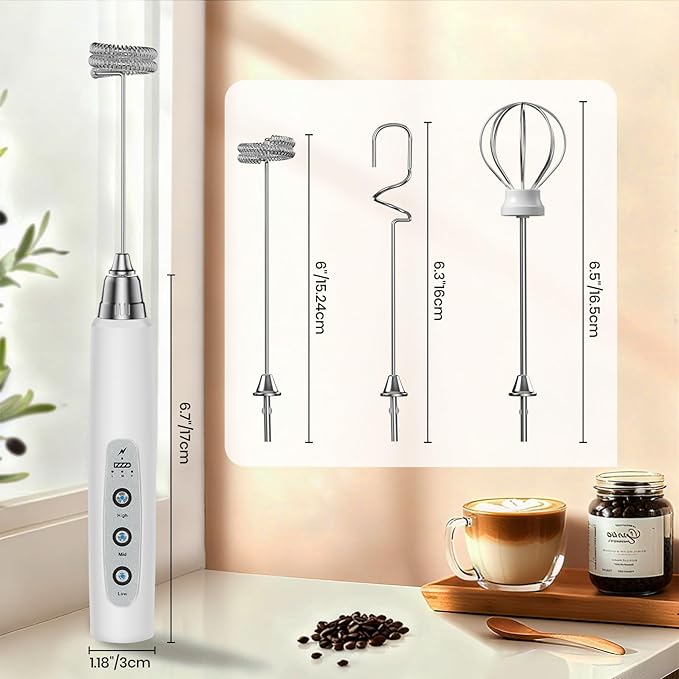 Milk Frother Handheld Rechargeable, Frother Wand Drink Mixer Electric Whisk for Coffee, Detachable With 3 Stainless Whisks, Hand Mixer for Lattes, Cappuccino, Matcha, Egg, No Stand, White