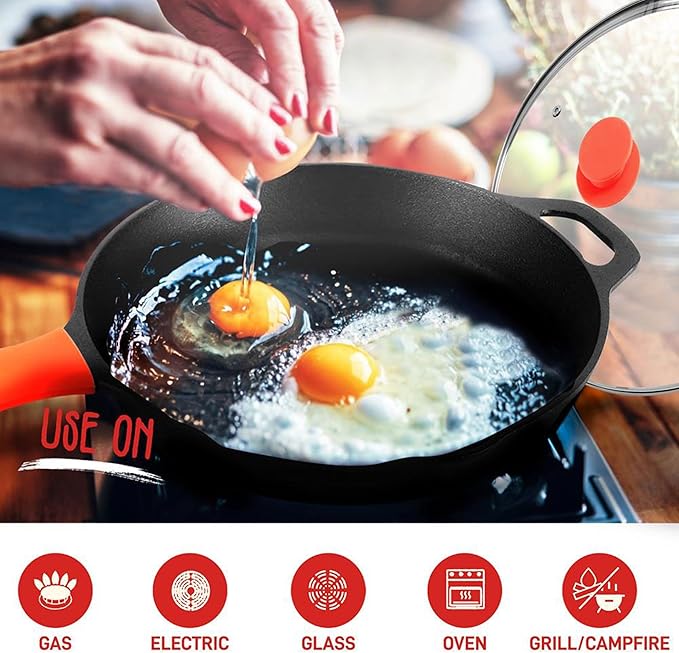 NutriChef 10 Inch Cast Iron Skillet with Lid - Pre-Seasoned Small Fry Pan with Side Drip Spout and Silicone Handle